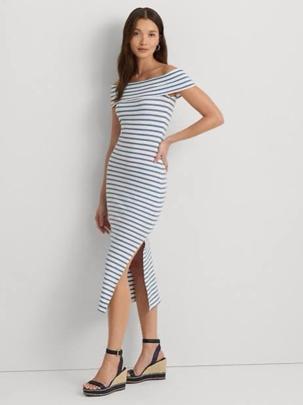 NWT Lauren Ralph Lauren Striped Off-the-Shoulder Midi Dress Blue & White Medium